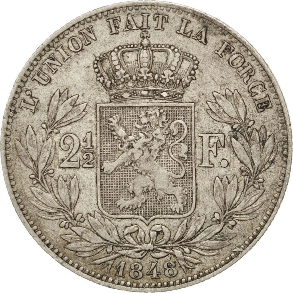 Coin, Belgium, Leopold I, 2-1/2 Francs, 1848, Brussels, AU(50-53), Silver, KM:11