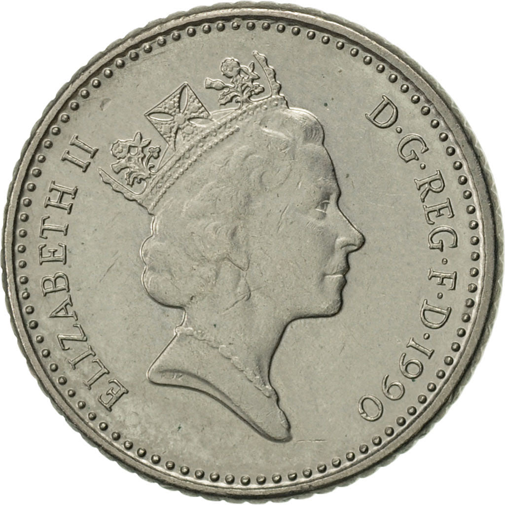 Coin, Great Britain, Elizabeth II, 5 Pence, 1990, AU(55-58), Copper-nickel