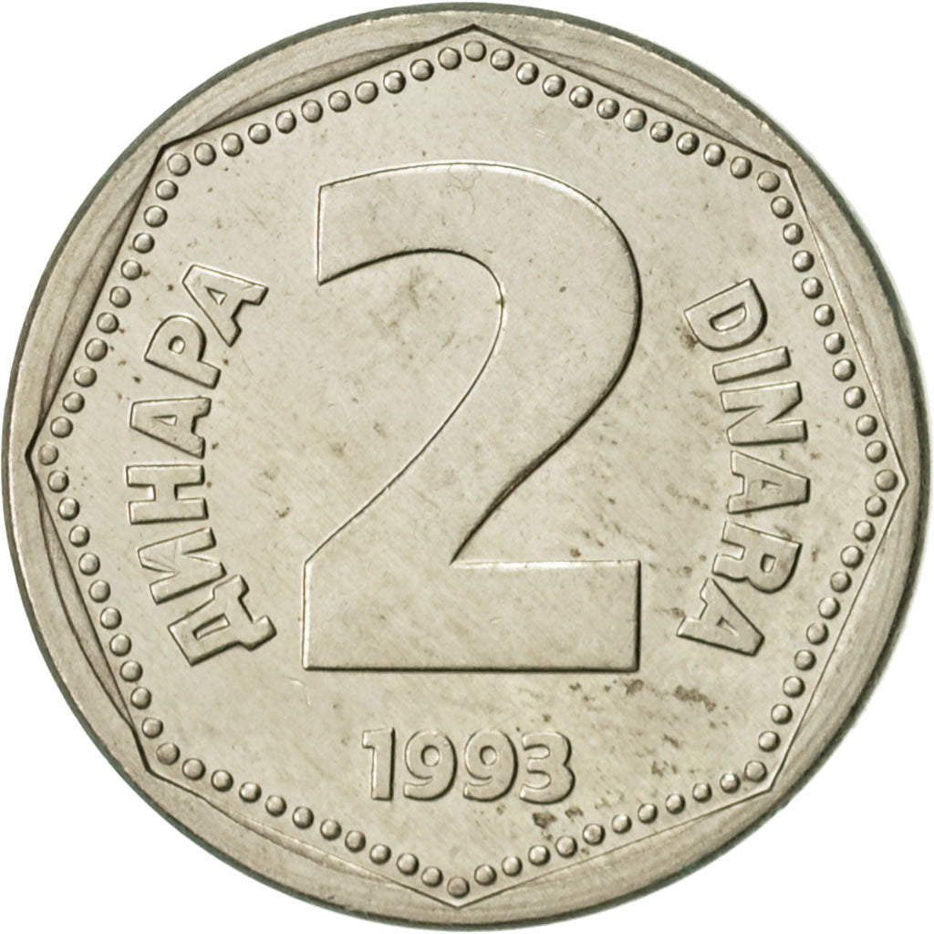 Coin, Yugoslavia, 2 Dinara, 1993, AU(55-58), Copper-Nickel-Zinc, KM:155