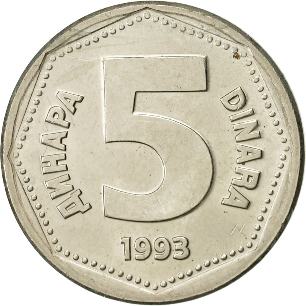 Coin, Yugoslavia, 5 Dinara, 1993, AU(55-58), Copper-Nickel-Zinc, KM:156