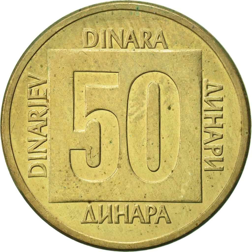 Coin, Yugoslavia, 50 Dinara, 1988, AU(50-53), Brass, KM:133