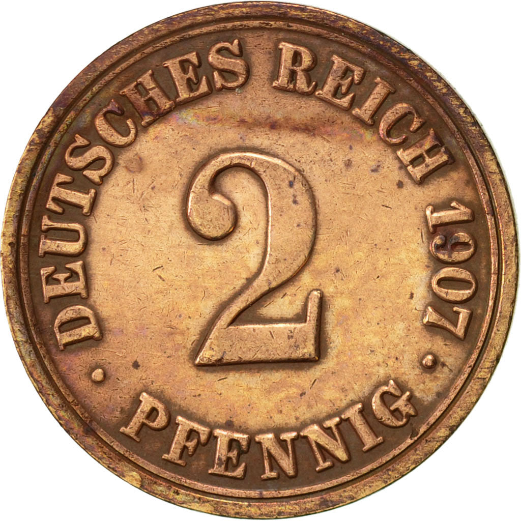 Coin, GERMANY - EMPIRE, Wilhelm II, 2 Pfennig, 1907, Berlin, EF(40-45), Copper