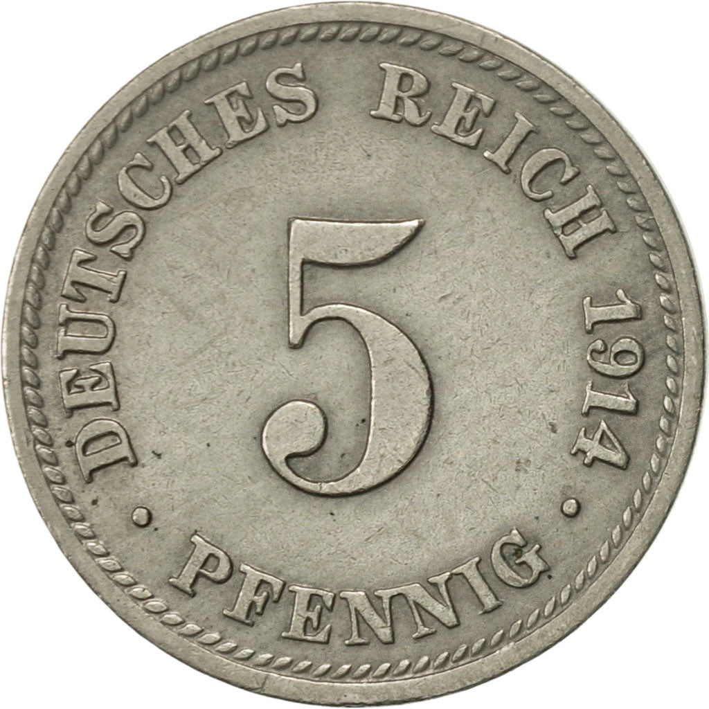 GERMANY - EMPIRE, Wilhelm II, 5 Pfennig, 1914, Munich, AU(50-53), Copper-nickel
