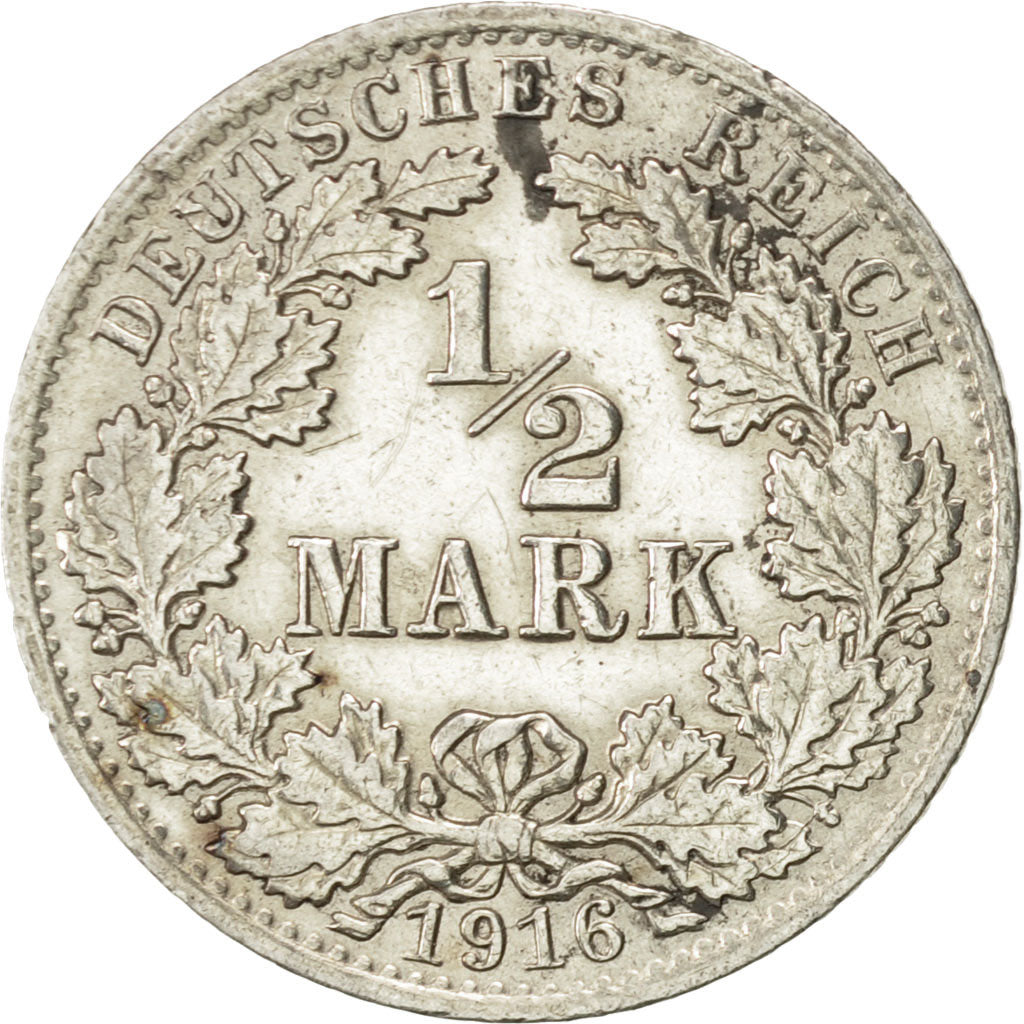 GERMANY - EMPIRE, 1/2 Mark, 1916, Berlin, AU(55-58), Silver, KM:17