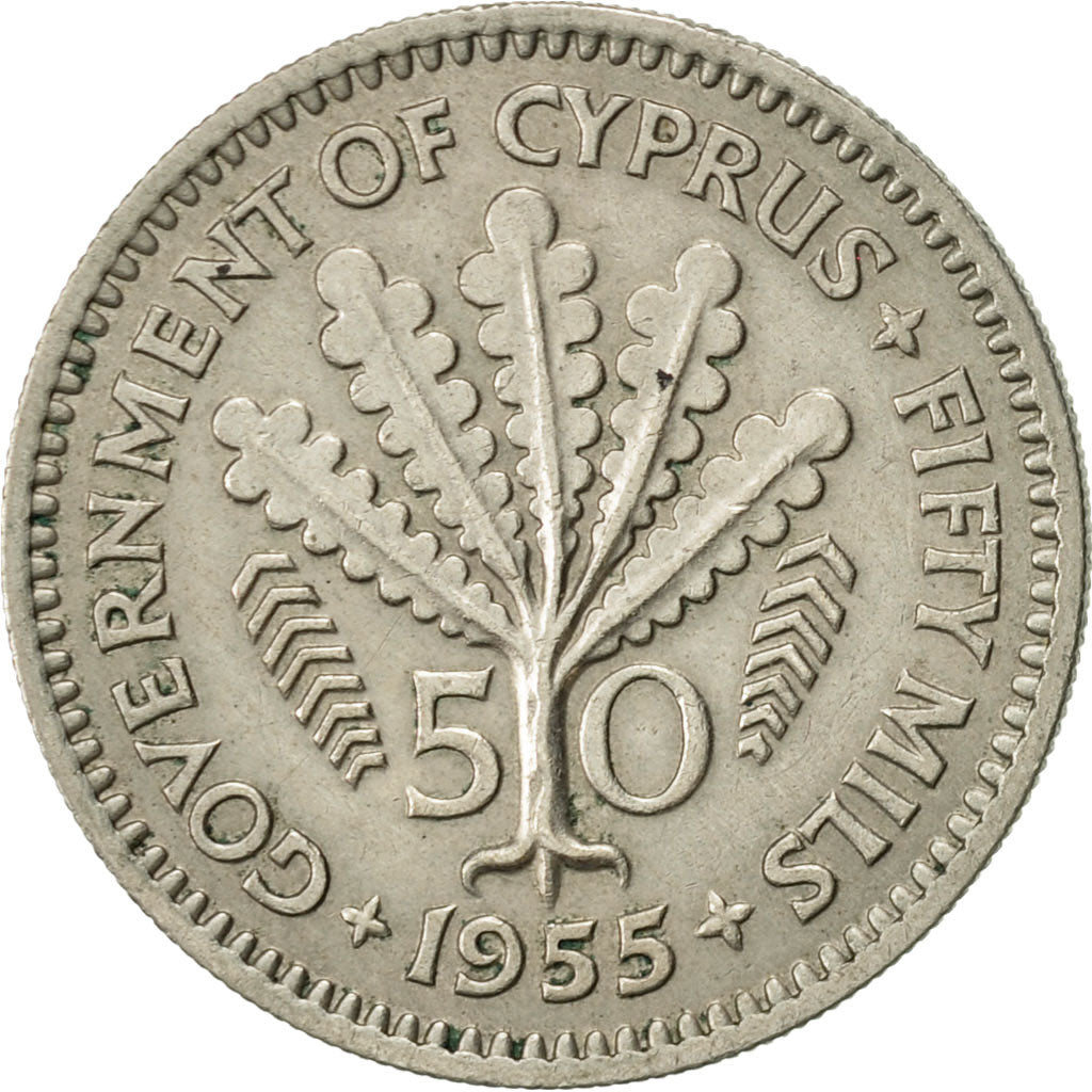 Coin, Cyprus, 50 Mils, 1955, AU(50-53), Copper-nickel, KM:36