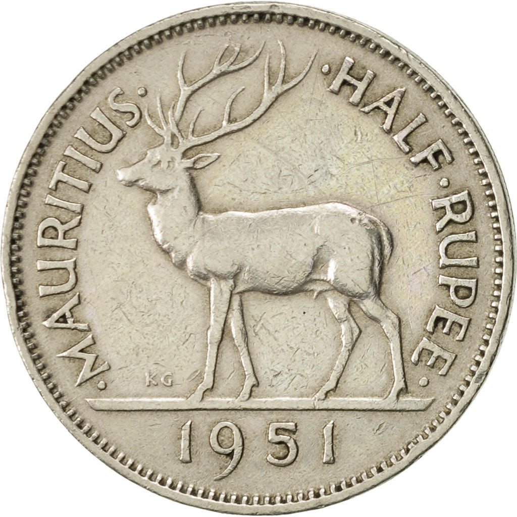Coin, Mauritius, George VI, 1/2 Rupee, 1951, EF(40-45), Copper-nickel, KM:28