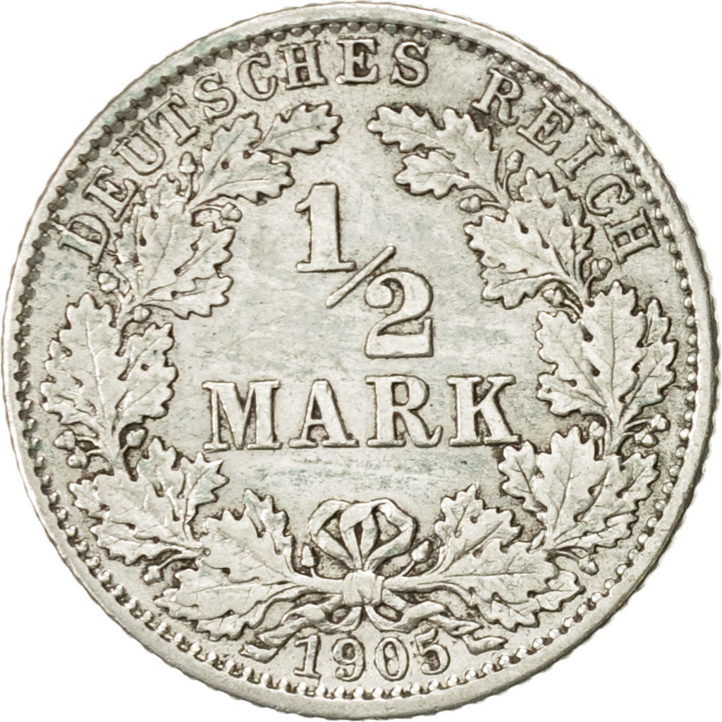 Coin, GERMANY - EMPIRE, 1/2 Mark, 1905, Karlsruhe, AU(55-58), Silver, KM:17