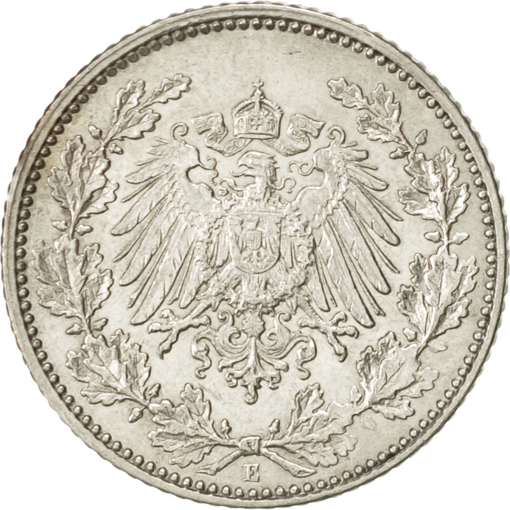 GERMANY - EMPIRE, 1/2 Mark, 1915, Muldenhütten, AU(55-58), Silver, KM:17