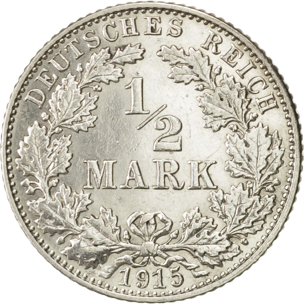 GERMANY - EMPIRE, 1/2 Mark, 1915, Muldenhütten, AU(55-58), Silver, KM:17