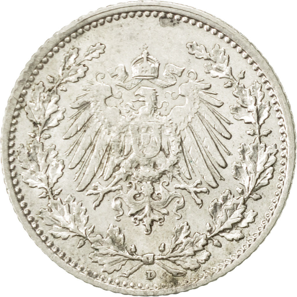 Coin, GERMANY - EMPIRE, 1/2 Mark, 1915, Munich, AU(55-58), Silver, KM:17