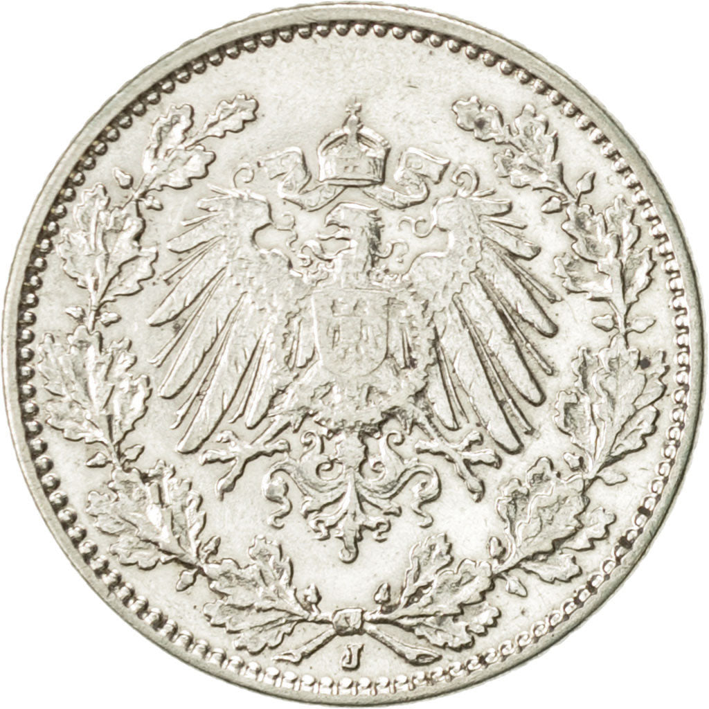 Coin, GERMANY - EMPIRE, 1/2 Mark, 1914, Hambourg, AU(55-58), Silver, KM:17