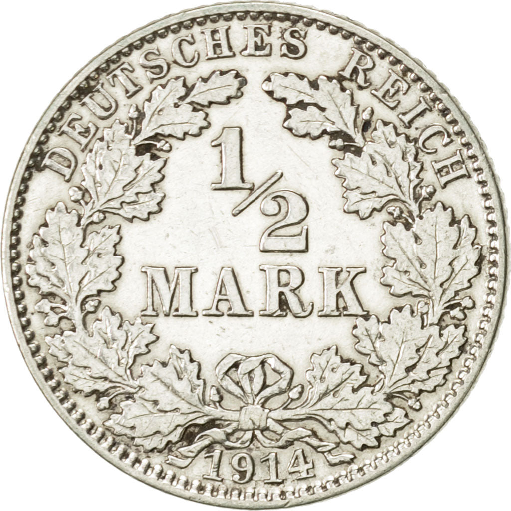 Coin, GERMANY - EMPIRE, 1/2 Mark, 1914, Hambourg, AU(55-58), Silver, KM:17