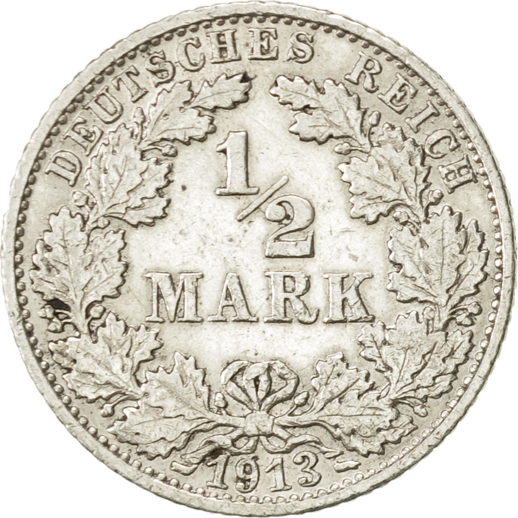 Coin, GERMANY - EMPIRE, 1/2 Mark, 1913, Stuttgart, AU(55-58), Silver, KM:17
