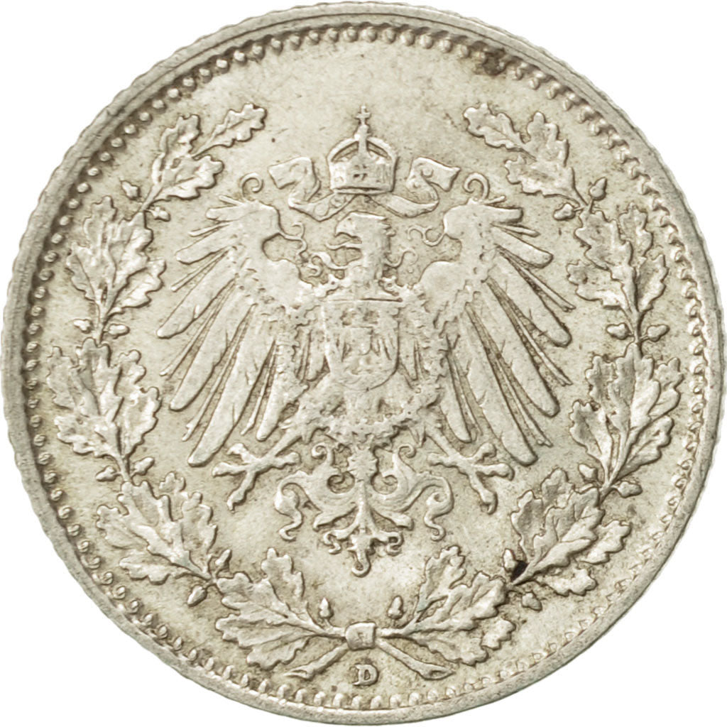 GERMANY - EMPIRE, 1/2 Mark, 1916, Munich, EF(40-45), Silver, KM:17