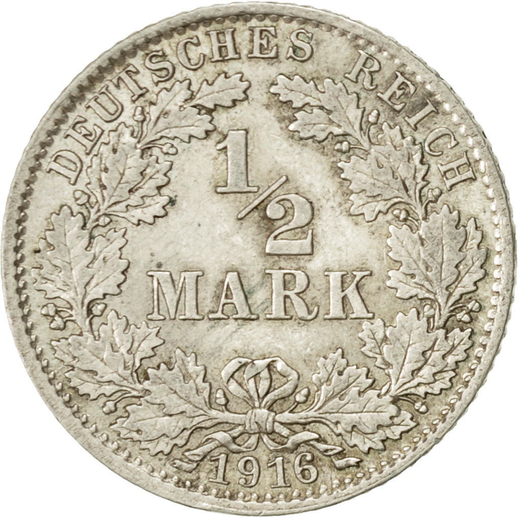 GERMANY - EMPIRE, 1/2 Mark, 1916, Munich, EF(40-45), Silver, KM:17