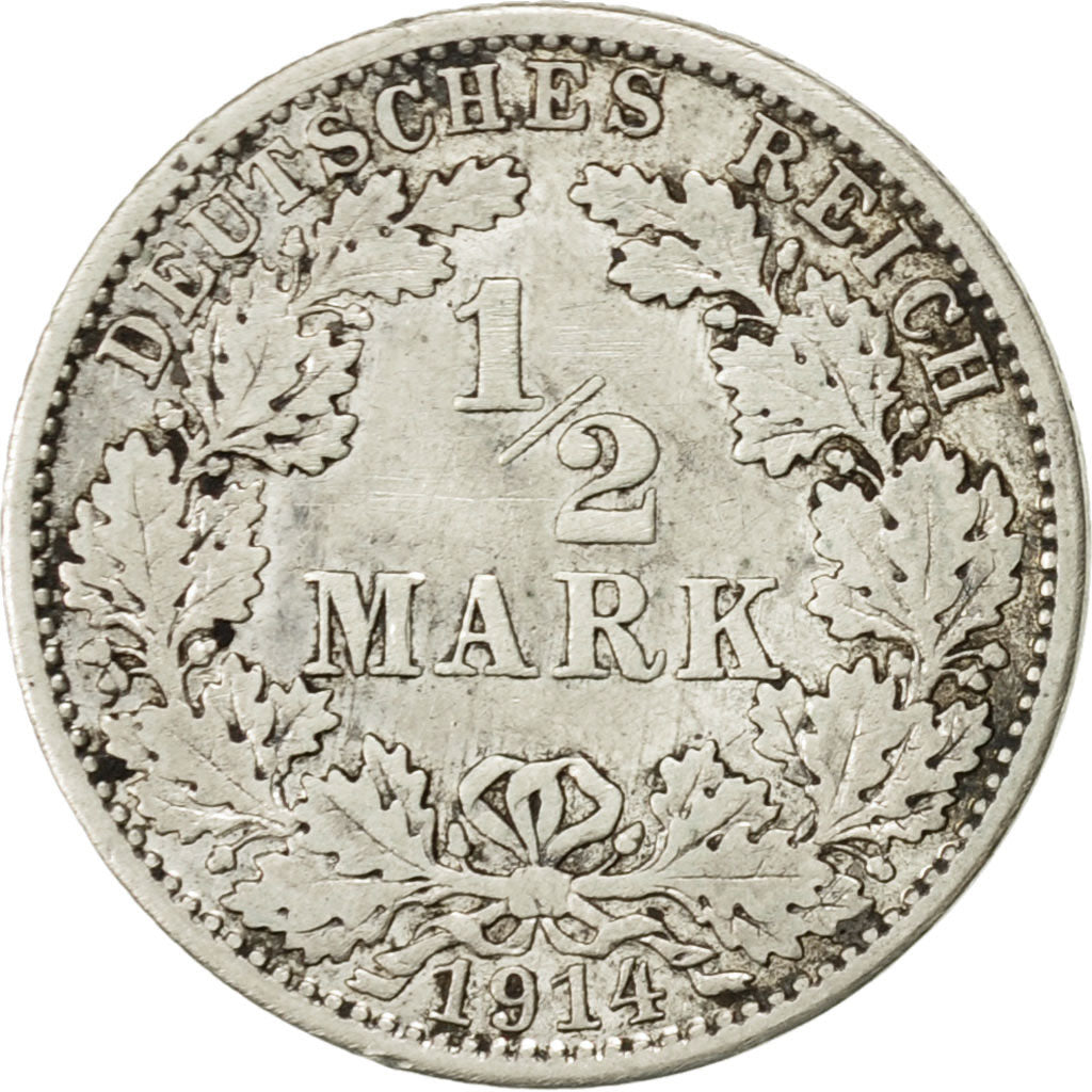 ALEMANIA - IMPERIO, 1/2 Mark, 1914, Berlin, BC+, Plata, KM:17