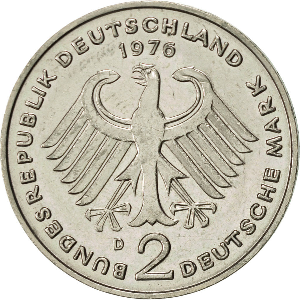 Moneda, ALEMANIA - REPÚBLICA FEDERAL, 2 Mark, 1976, Munich, MBC+, Cobre -