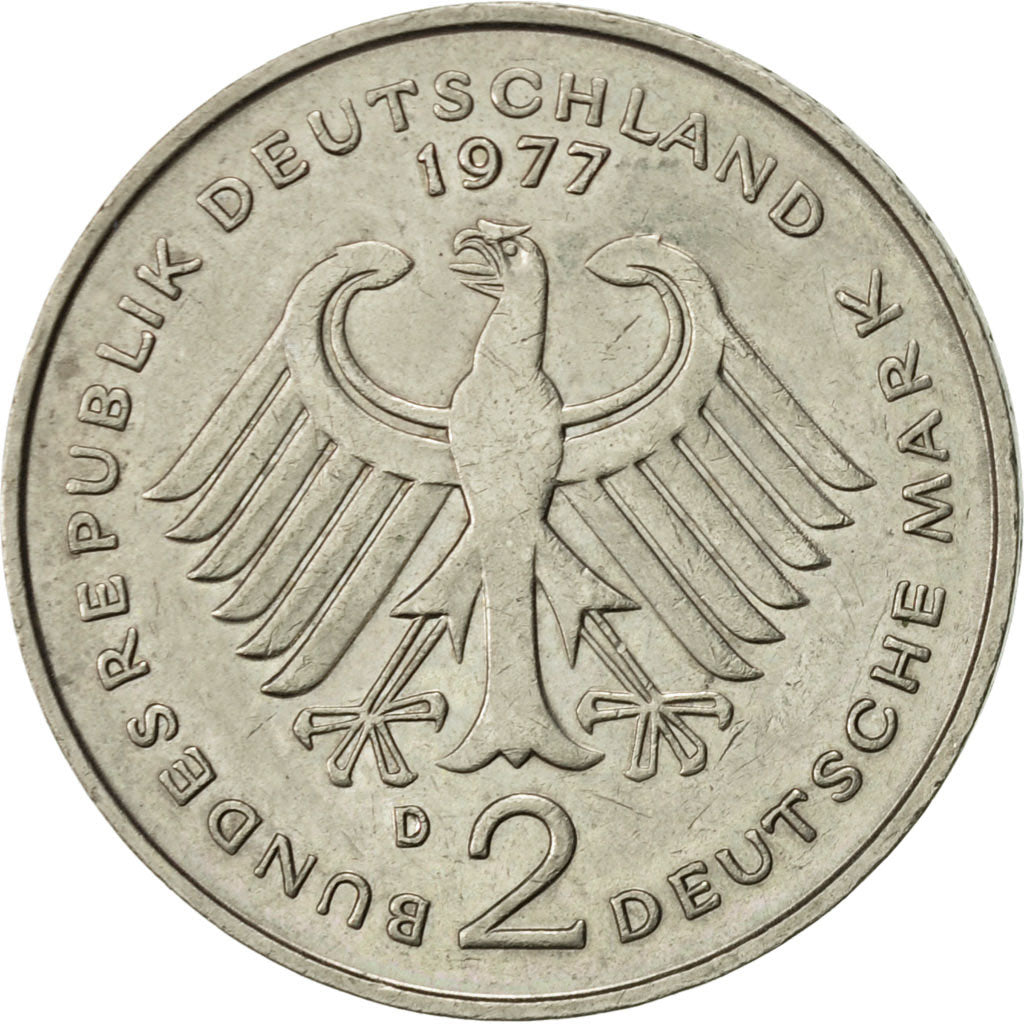 Coin, GERMANY - FEDERAL REPUBLIC, 2 Mark, 1977, Munich, AU(50-53), Copper-Nickel