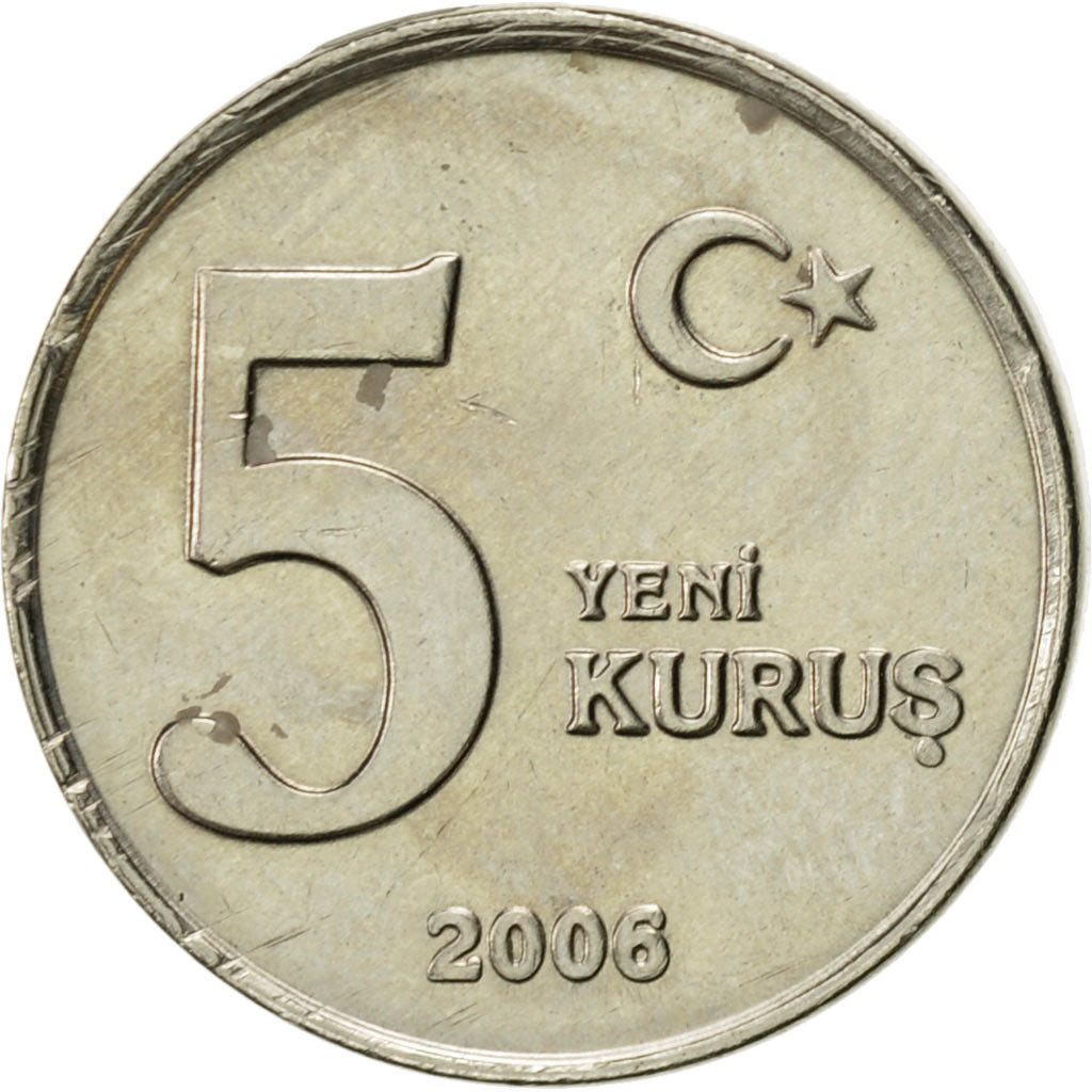 Coin, Turkey, 5 New Kurus, 2006, Istanbul, AU(55-58), Copper-Nickel-Zinc