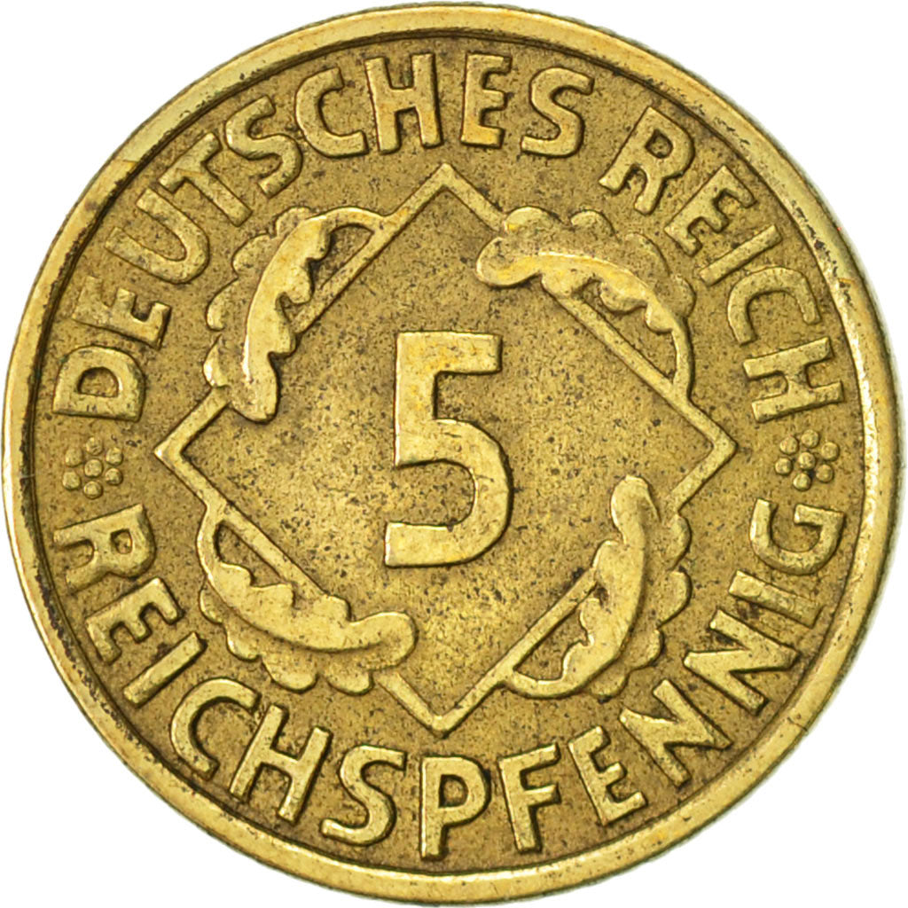 ALEMANIA - REPÚBLICA DE WEIMAR, 5 Reichspfennig, 1936, Hambourg, MBC, Aluminio