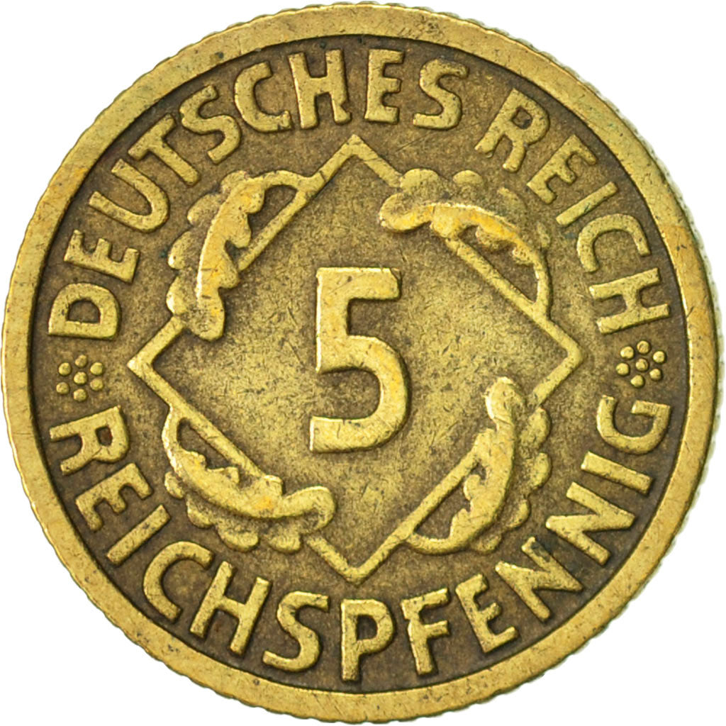 ALEMANIA - REPÚBLICA DE WEIMAR, 5 Reichspfennig, 1935, Munich, MBC, Aluminio -