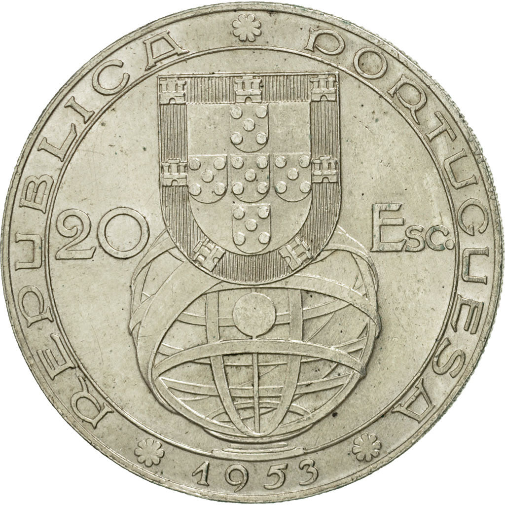Portugal, 20 Escudos, 1953, AU(55-58), Silver, KM:585