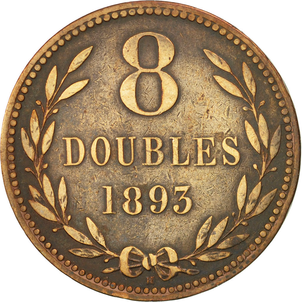 Coin, Guernsey, 8 Doubles, 1893, Heaton, Birmingham, EF(40-45), Bronze, KM:7