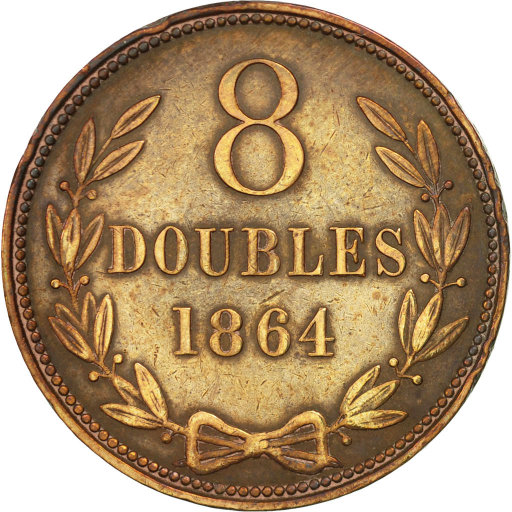 Coin, Guernsey, 8 Doubles, 1864, Heaton, Birmingham, EF(40-45), Bronze, KM:7