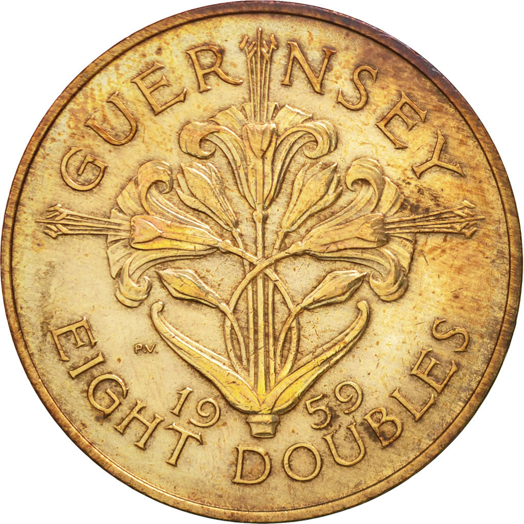 Moneta, Guernsey, Elizabeth II, 8 Doubles, 1959, Heaton, BB+, Bronzo, KM:16