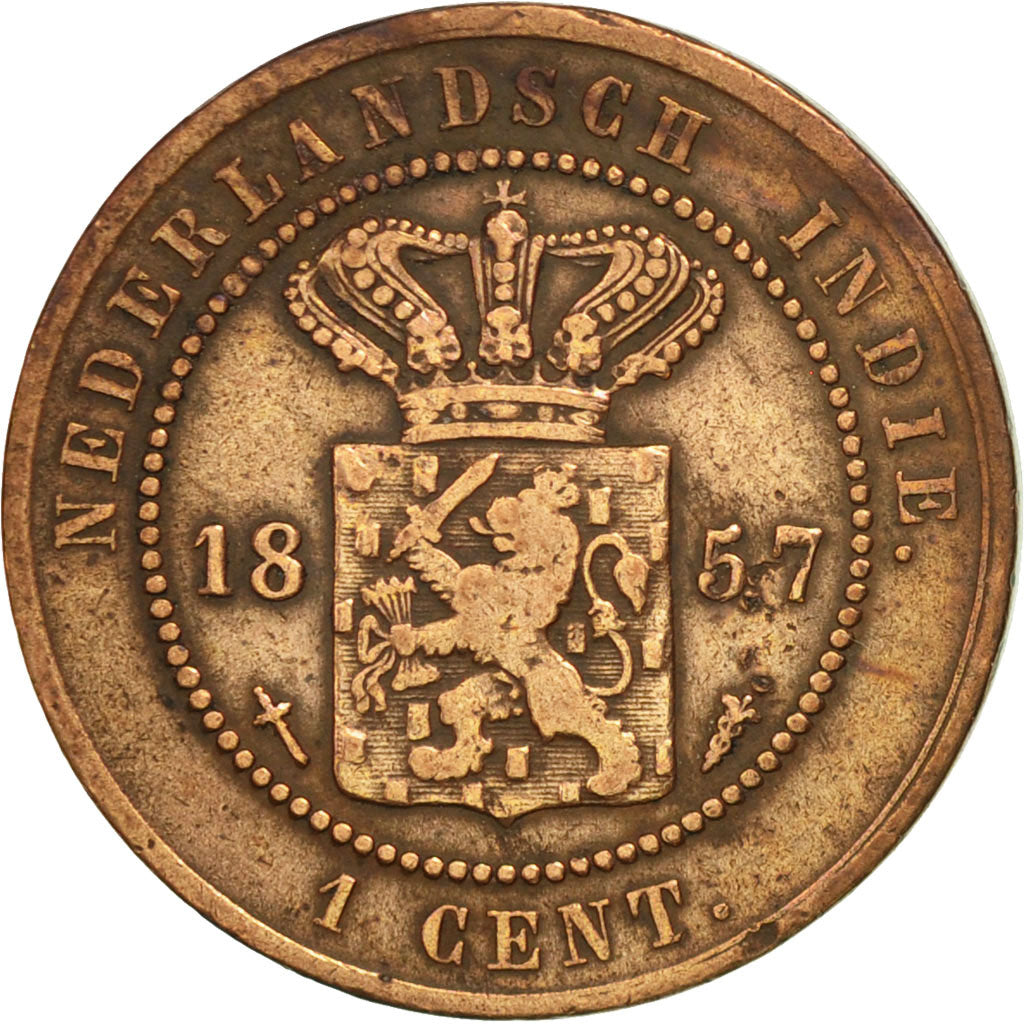 NETHERLANDS EAST INDIES, William III, Cent, 1857, Utrecht, Caduceus, EF(40-45)