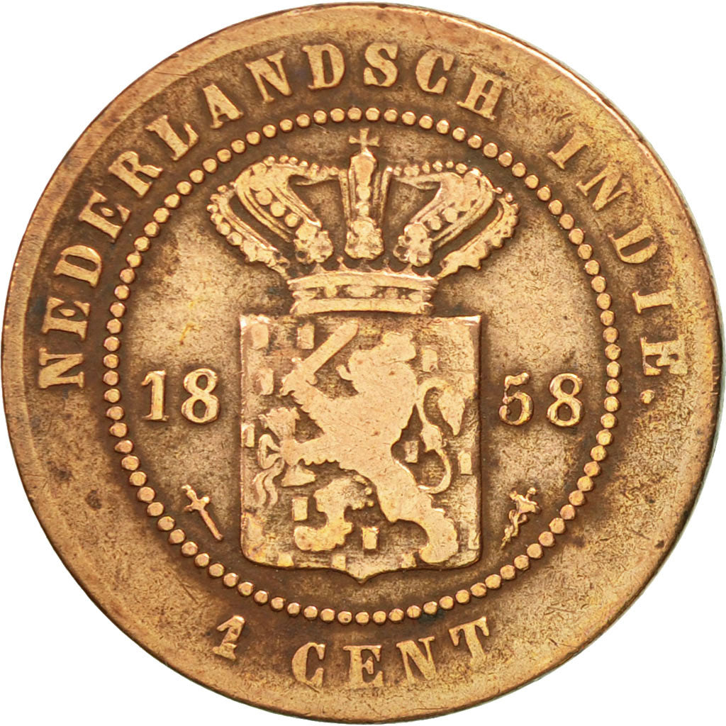 NETHERLANDS EAST INDIES, William III, Cent, 1858, Utrecht, Caduceus, VF(30-35)