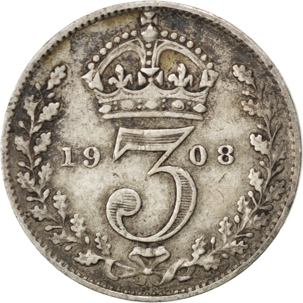 GREAT BRITAIN, 3 Pence, 1908, KM #797.2, EF(40-45), Silver, 16, 1.37
