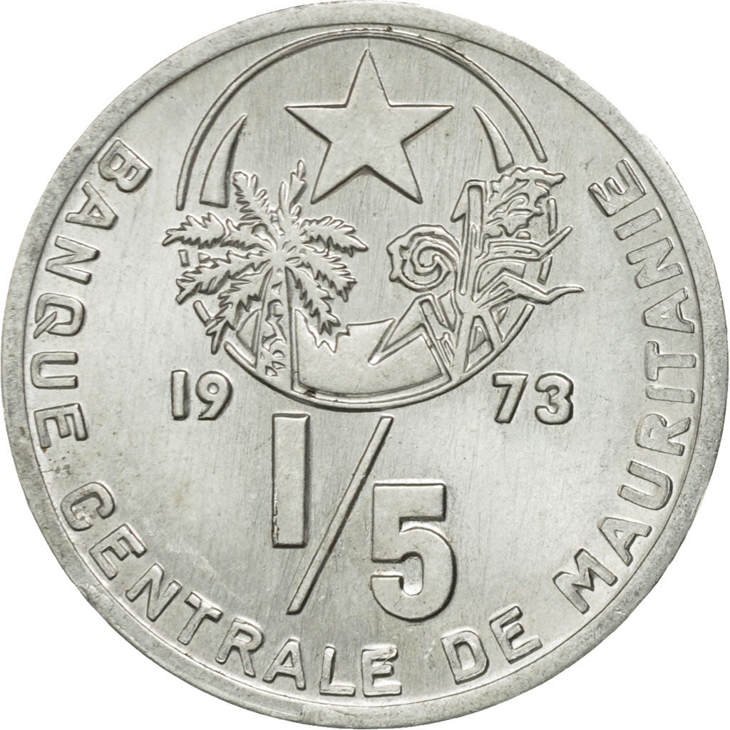 Mauritania, 1/5 Ouguiya, Khoums, 1973, MS(60-62), Aluminum, KM:1