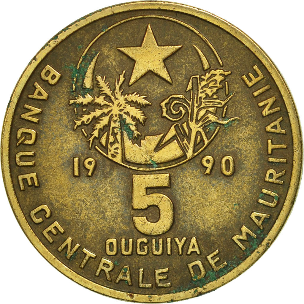 Mauritania, 5 Ouguiya, 1990, BB+, Alluminio-bronzo, KM:3