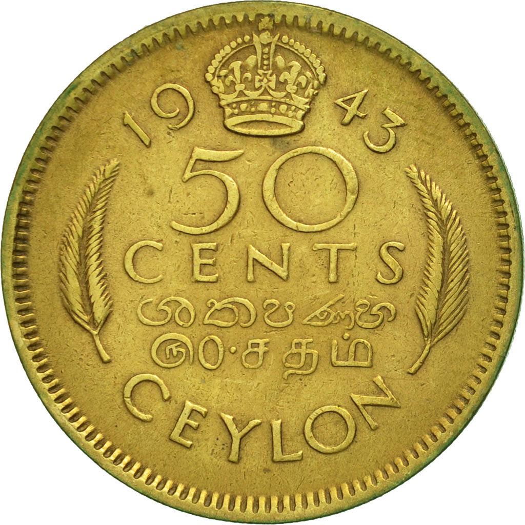 Coin, Ceylon, George VI, 50 Cents, 1943, AU(50-53), Nickel-brass, KM:116