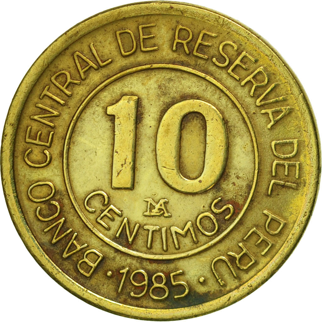 Perú, 10 Centimos, 1985, Lima, MBC+, Latón, KM:293