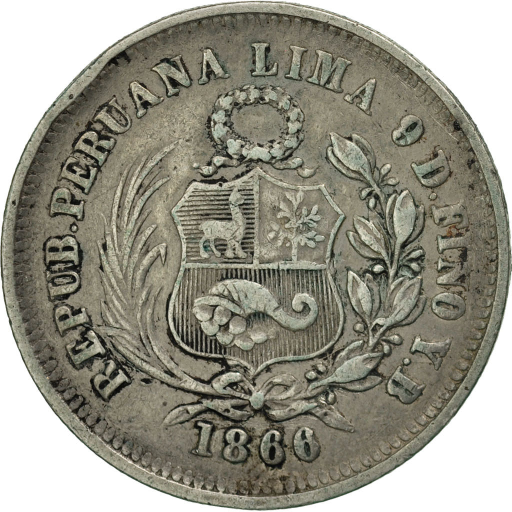 Perú, SOUTH PERU, 1/5 Sol, 1866, Lima, MBC, Plata, KM:191