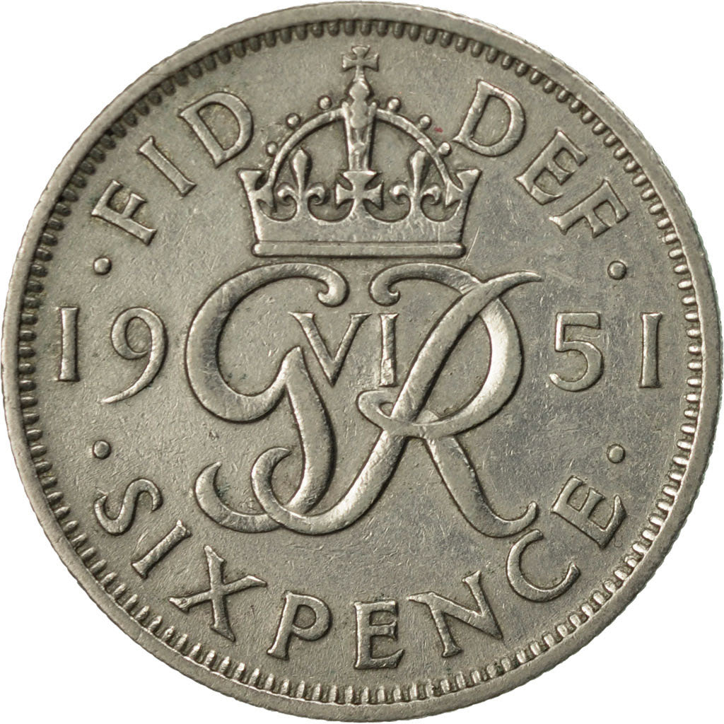 Great Britain, George VI, 6 Pence, 1951, AU(50-53), Copper-nickel, KM:875