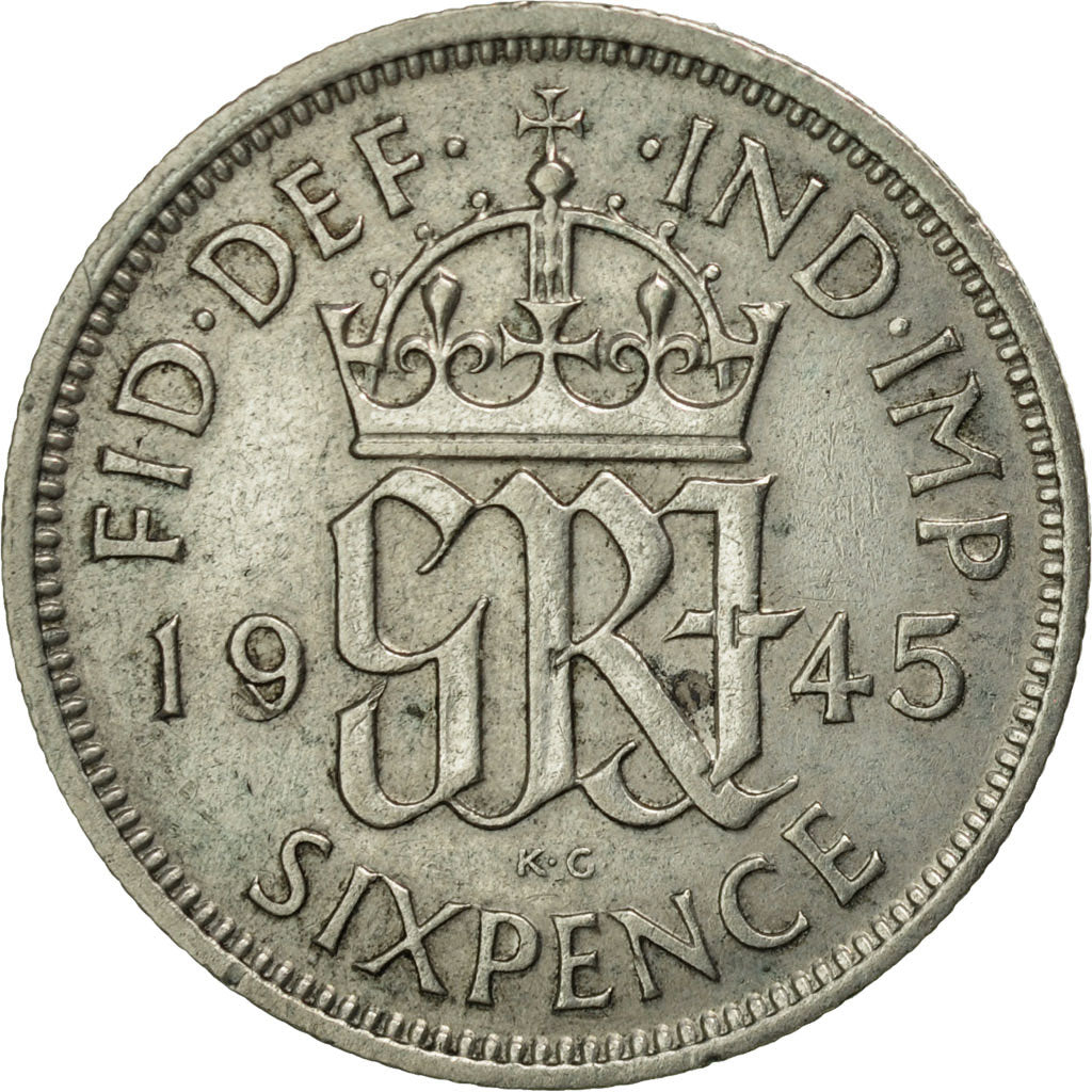 Great Britain, George VI, 6 Pence, 1945, AU(50-53), Silver, KM:852