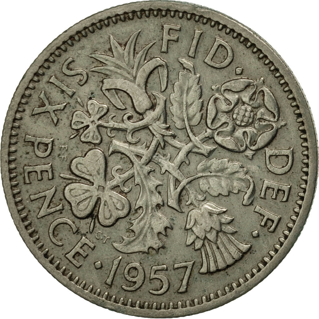 Coin, Great Britain, Elizabeth II, 6 Pence, 1957, EF(40-45), Copper-nickel