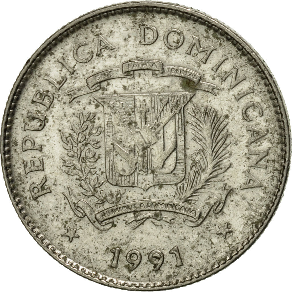 Moneda, República Dominicana, 10 Centavos, 1991, MBC, Níquel recubierto de