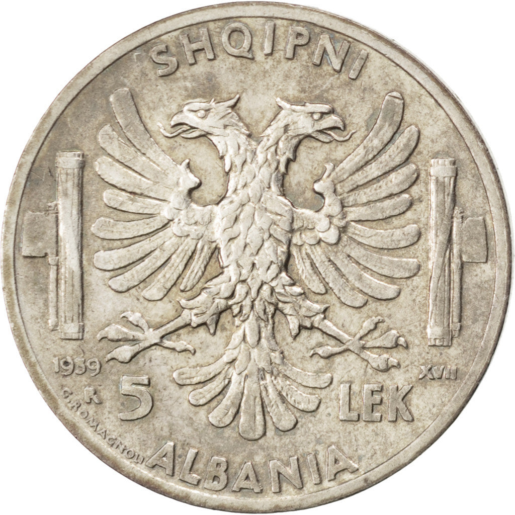 Coin, Albania, Vittorio Emanuele III, 5 Lek, 1939, Rome, AU(55-58), Silver