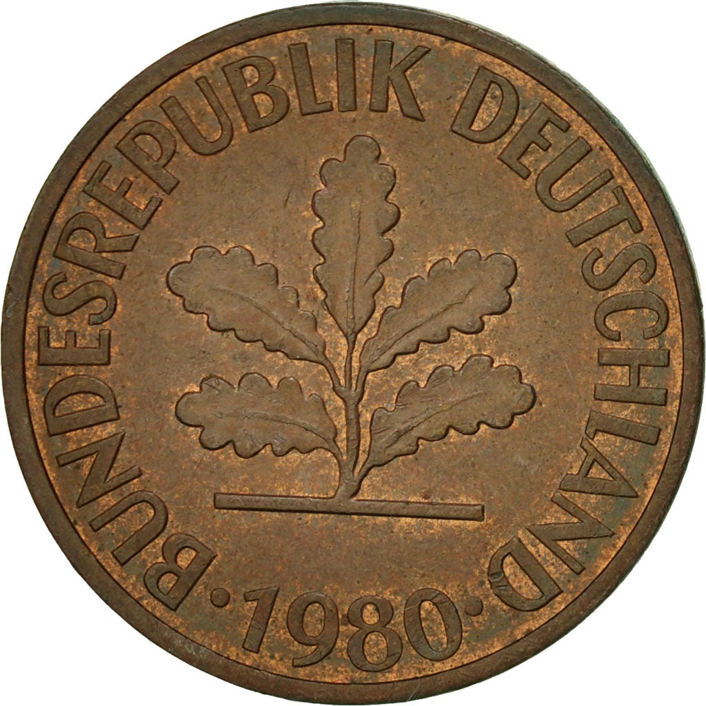 Coin, GERMANY - FEDERAL REPUBLIC, 2 Pfennig, 1980, Munich, EF(40-45), Copper
