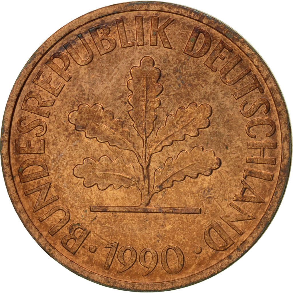 Coin, GERMANY - FEDERAL REPUBLIC, 2 Pfennig, 1990, Stuttgart, EF(40-45), Copper