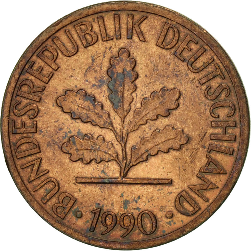 Moneta, Niemcy - RFN, Pfennig, 1990, Karlsruhe, EF(40-45), Miedź platerowana