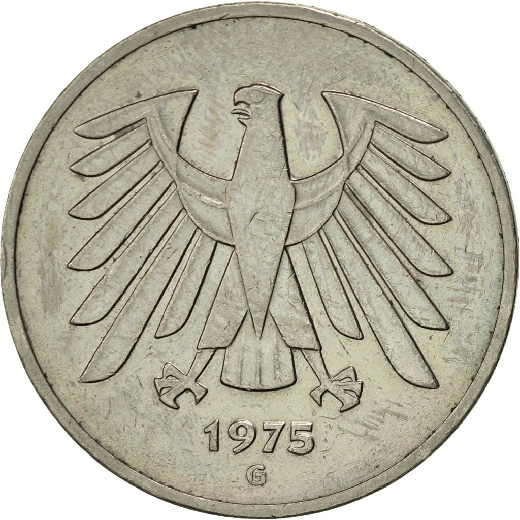 Munten, Federale Duitse Republiek, 5 Mark, 1975, Karlsruhe, ZF+, Copper-Nickel