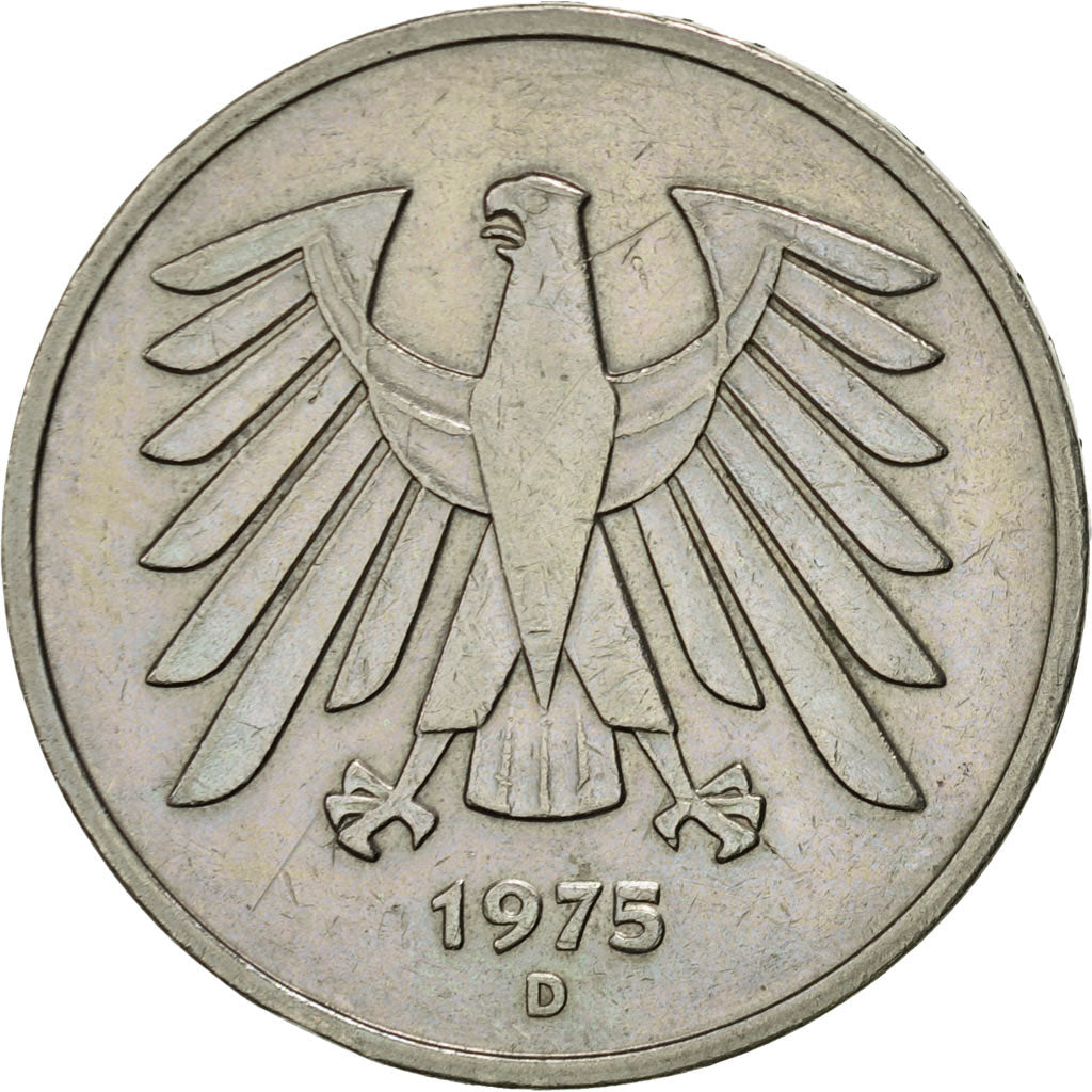 Moneda, ALEMANIA - REPÚBLICA FEDERAL, 5 Mark, 1975, Munich, MBC+, Cobre -