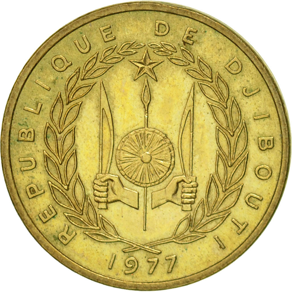 Moneda, Yibuti, 10 Francs, 1977, Paris, EBC, Aluminio - bronce, KM:23