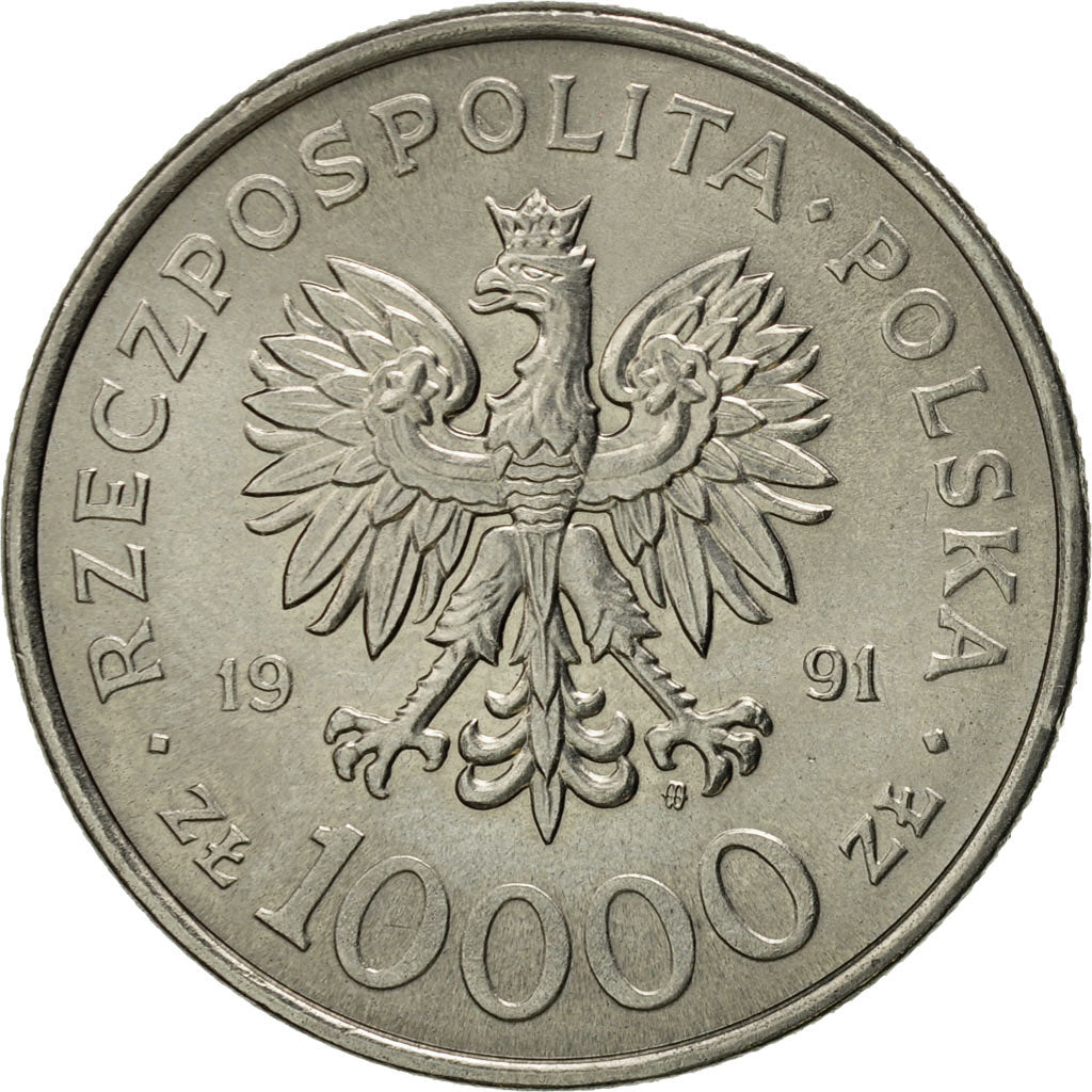 Coin, Poland, 10000 Zlotych, 1991, Warsaw, MS(60-62), Nickel plated steel