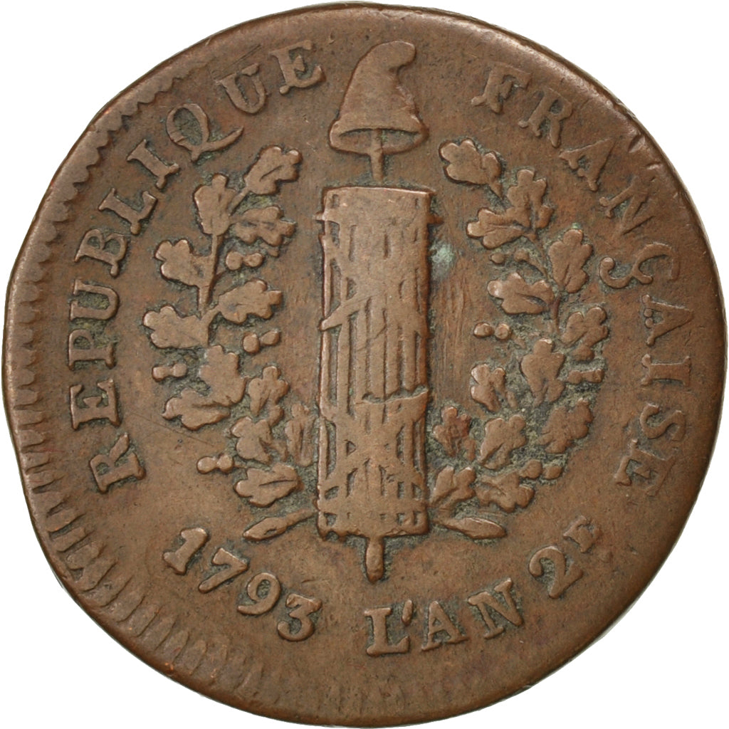 GERMAN STATES, 2 Sols, 1793, Mayence, KM #602, EF(40-45), Copper, Gadoury #66,..